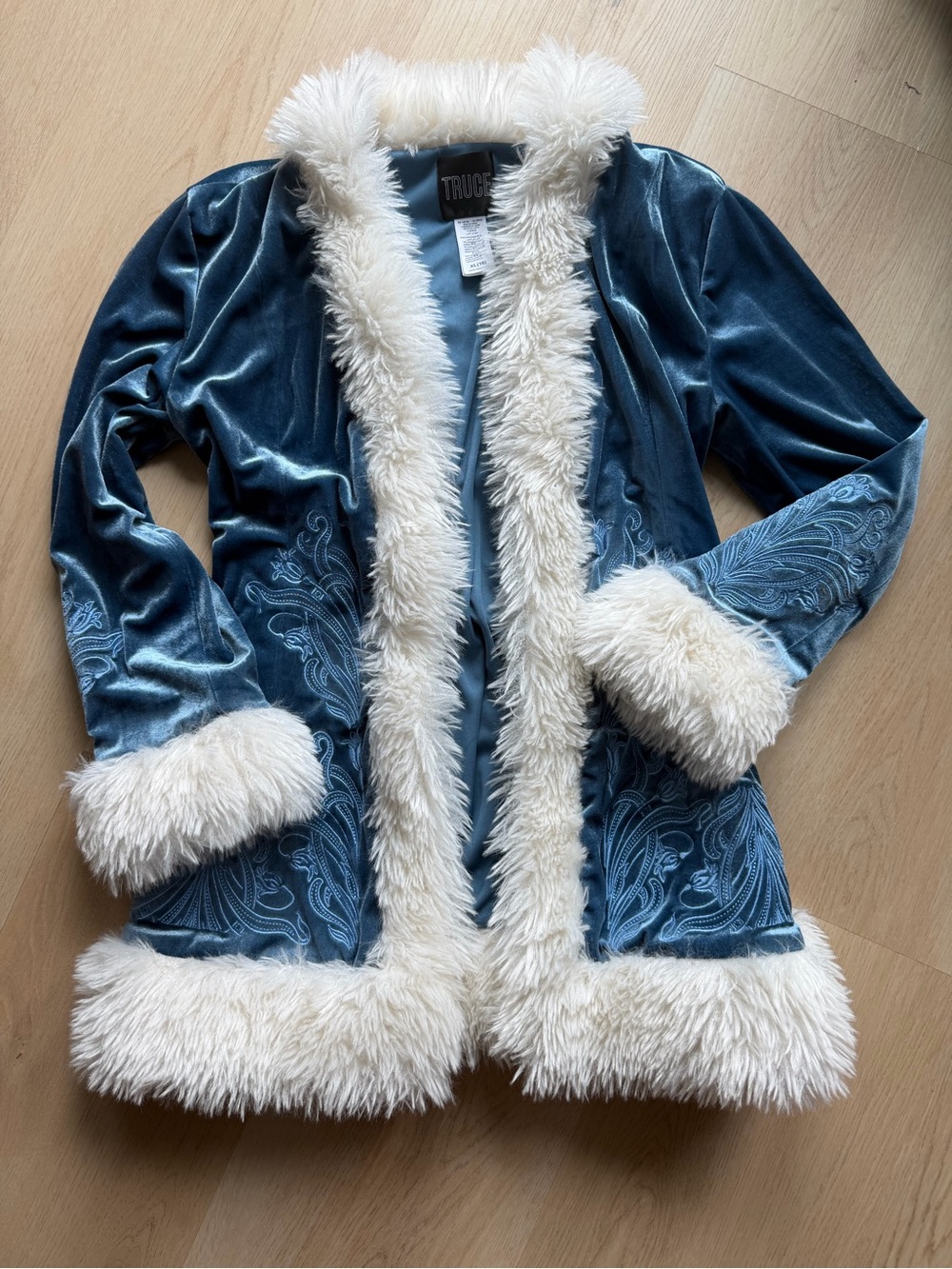 Truce Kids Blue Velvet Trench Coat with Cream Faux-Fur Trim